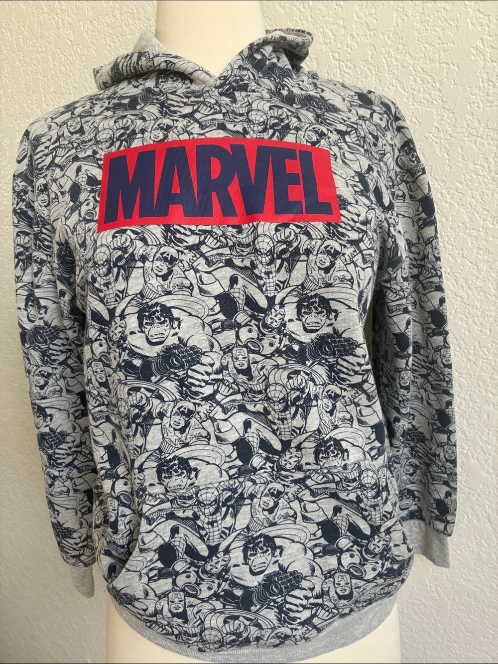 Marvel Grey All-Over Superhero Print Hoodie with Red Logo
